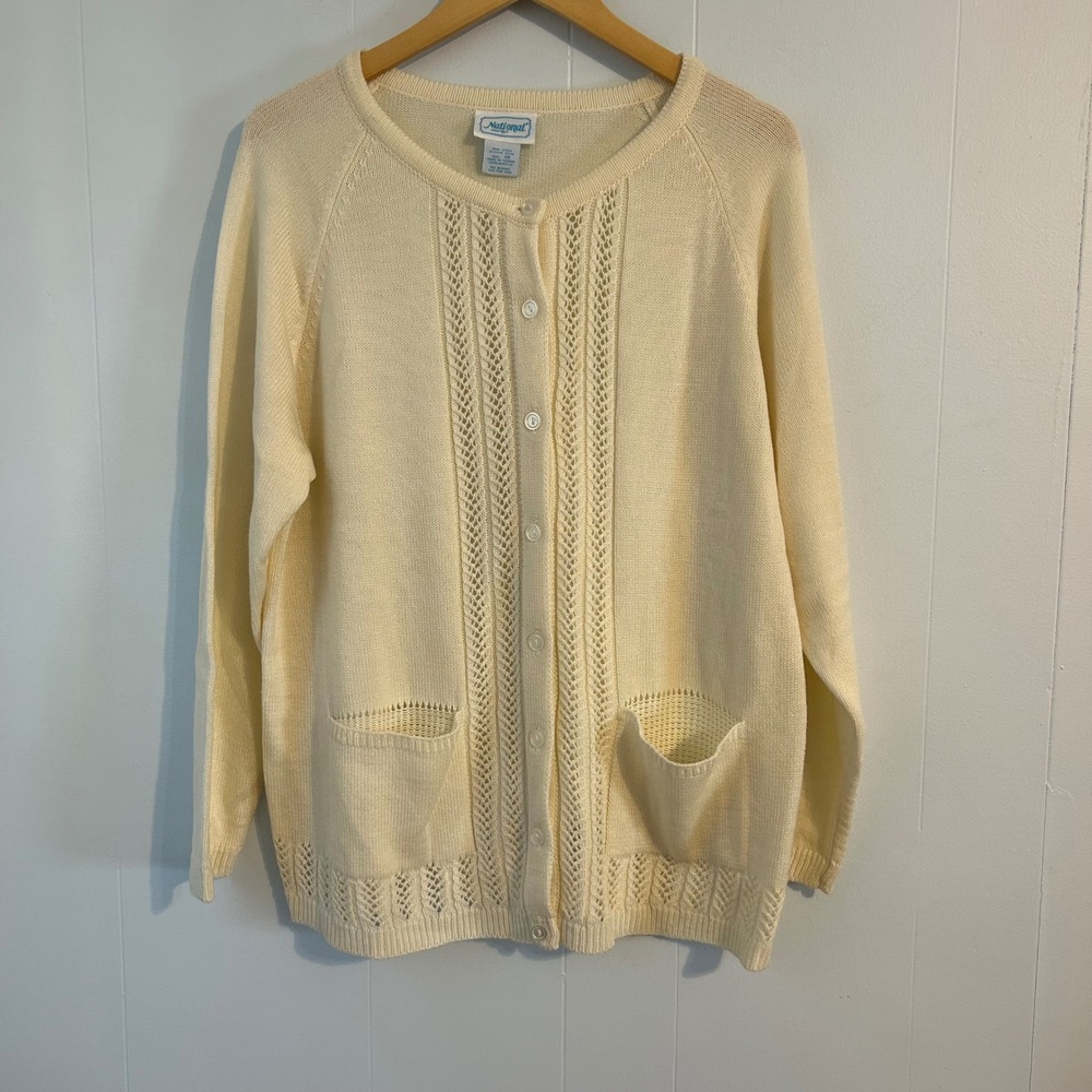 National Woman 1X Cream Knit Button Front Cardigan Sweater Lace Detail‎ Pockets
